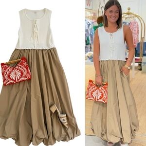 Stylish White and Tan balloon hem Dress